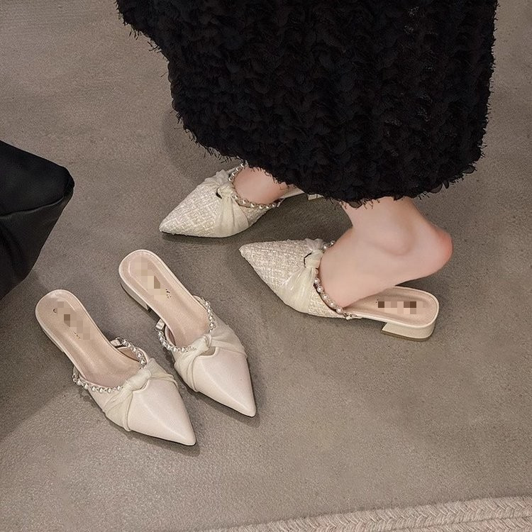 Explosión de estilo francés fragante con cabeza media zapatillas de punta de mujer 2026 nuevo verano perla zapatillas de soleas gruesas