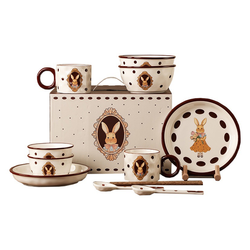 Creative Retro Ria Rabbit Ceramic Tableware Set Two-Person Bowl Set Real Estate Accompanying Gift Bowl Chopsticks Gift Box