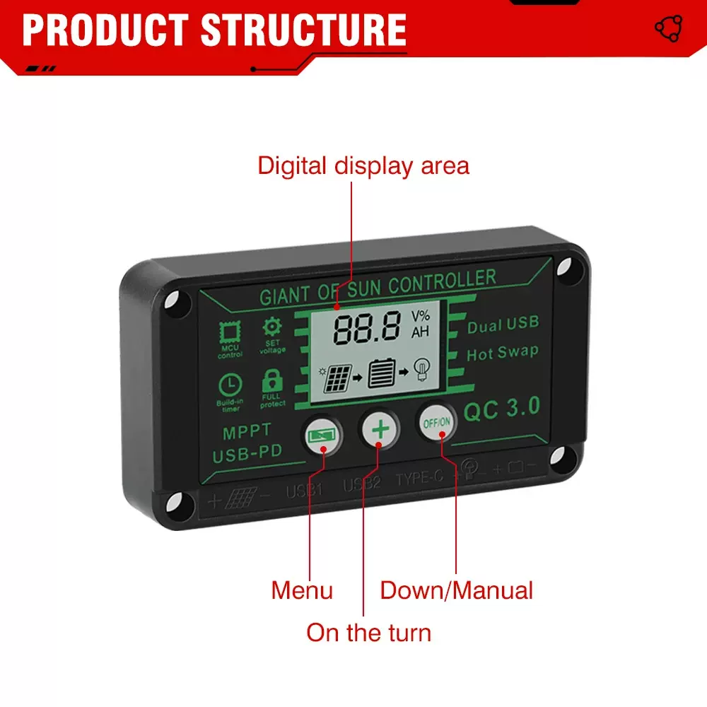 防水MPPT充电控制器太阳能电池板30A60A100A12V24VUSB-C自动显示