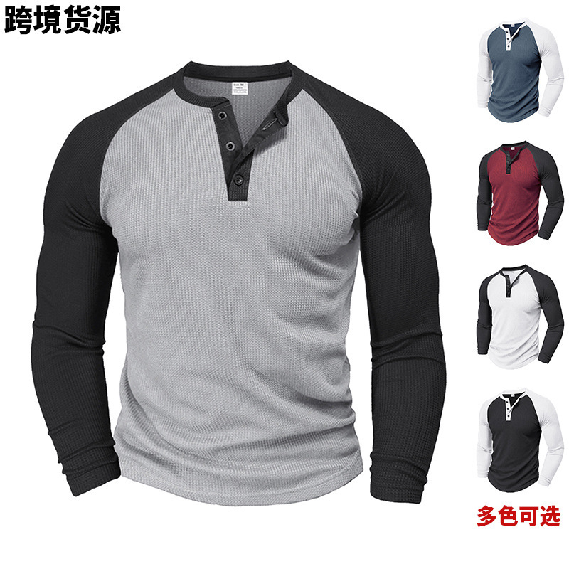 Cross-Border Men's Clothing Spring and Autum Men's Long-Sleeved T-Shirt American Youth Half-Open Collar Henley Shirt Men's Trendy Brand Casual Top