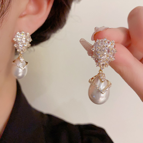 Fall/Winter new collection: Stylish white pearl and zircon earrings with S925 silver pins—delicate, elegant, and exuding high-end sophistication for a glamorous lady-like vibe.