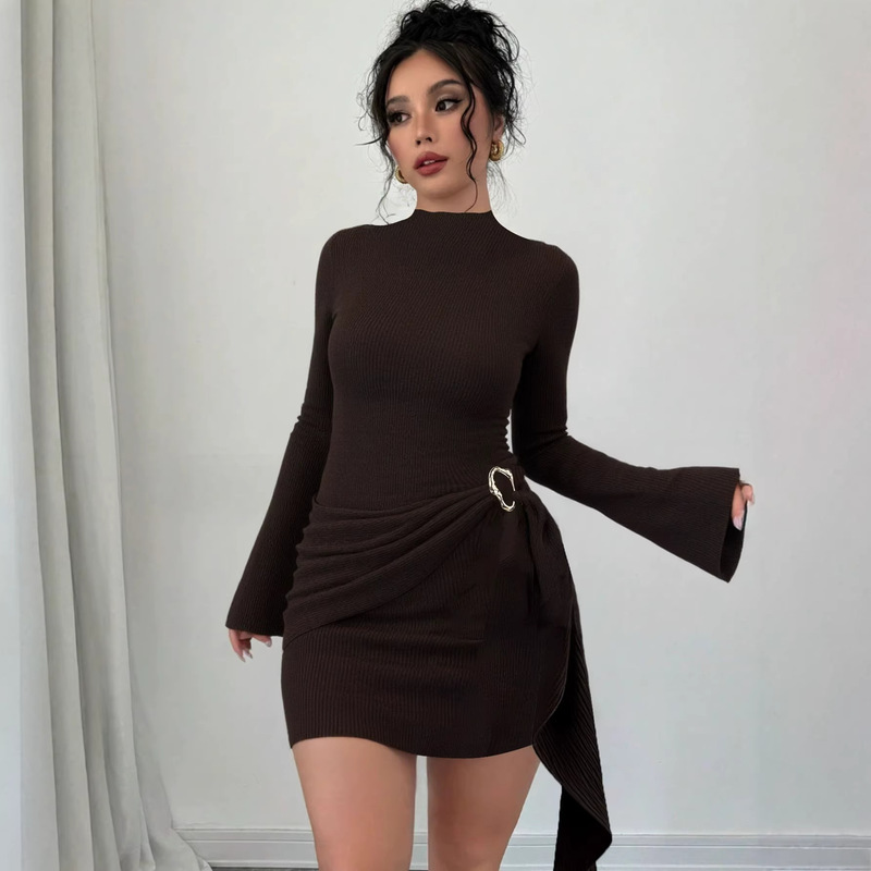 Autumn New European and American Style Dress, Long-Sleeved, Slightly Flared, Pleated, Metal-Decorated, Waist-Cinching, High-End American-Style Bodycon Dress