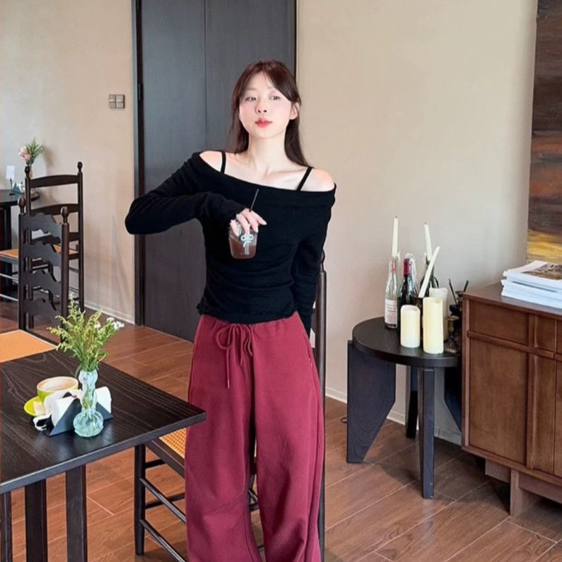假两件露肩拼接长袖针织衫女秋冬新款修身显瘦木耳边打底上衣|undefined