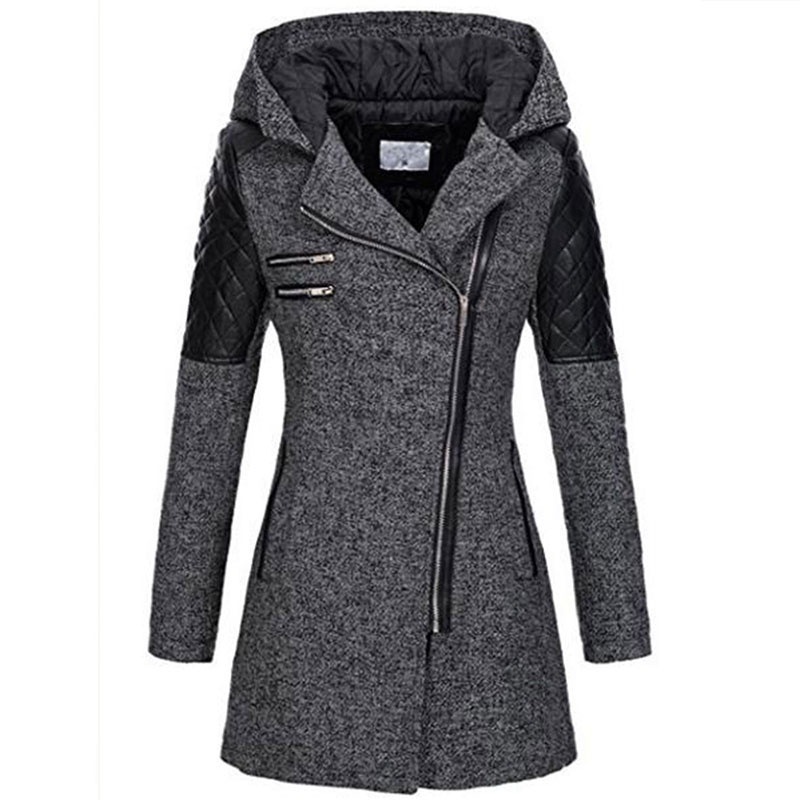 Dammemantel mat diagonaler Reißverschluss, Kapuzen a Kotteng gepolsterter Hautpois, laanger, décker, waarmer Windjacke fir Fraen._voghion.com