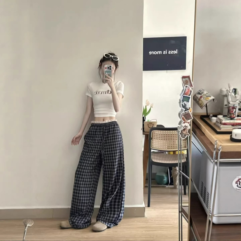2026 Summer New Versatile Black Plaid Pants with Lace Trim and Elastic Waist Design, Wide-Leg Pants, Niche Straight-Leg Pants 2026 Summer New Versatile Black Plaid Pants with Lace Trim and Elastic Waist Design, Wide-Leg Pants, Niche Straight-Leg Pants