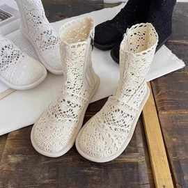 夏季刺绣网纱凉靴女2025年薄款网面棉麻凉鞋文艺森系蕾丝镂空网靴