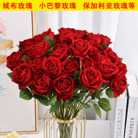 仿真绒布玫瑰花婚庆装饰假花 跨境玫瑰婚礼布置情人节仿真花批发