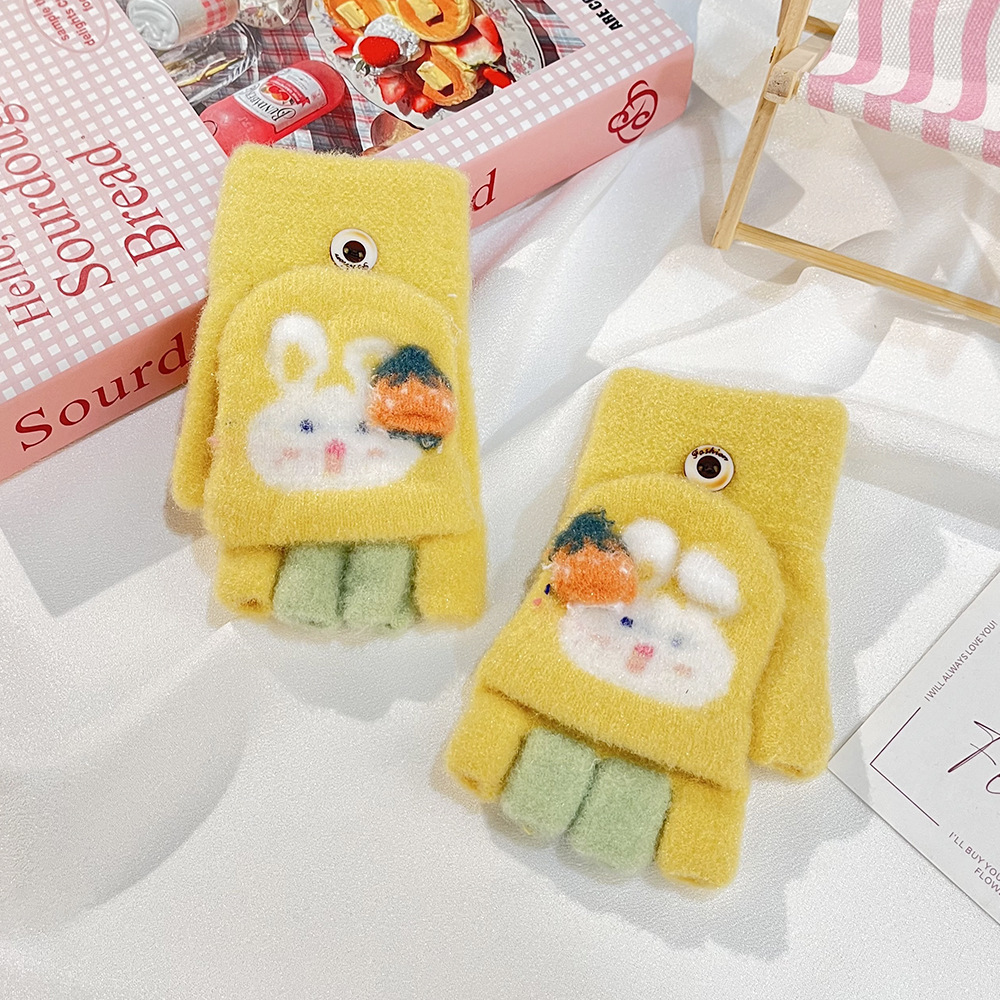 Impresión de dibujos animados coreanos dinosaurios guantes de niños lindos ociosos tejidos gruesos flip-up escritura guantes de cinco dedos