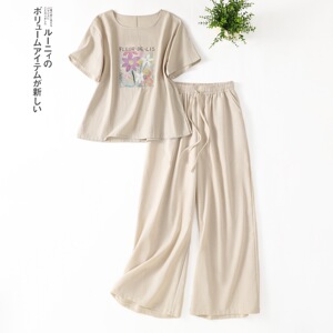 实拍现货   复古印花上衣棉麻套装女宽松圆领中袖套头衫休闲2件套