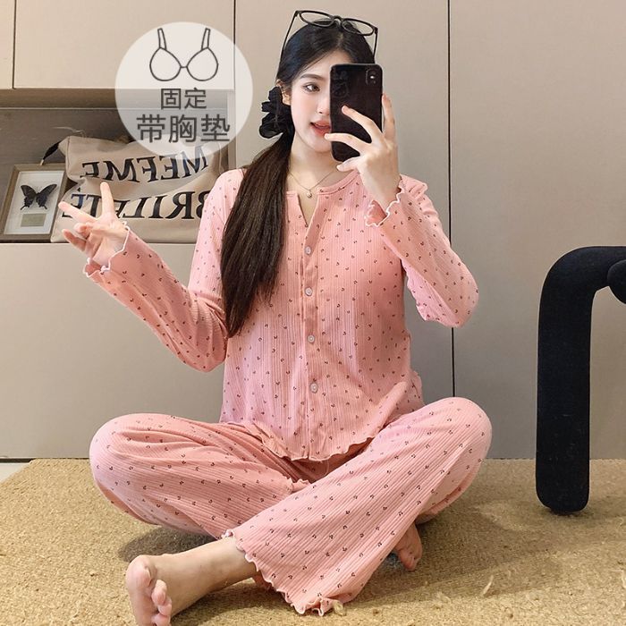 春秋季睡衣女带胸垫一体长袖开衫套装甜美公主风碎花家居服可外穿|undefined