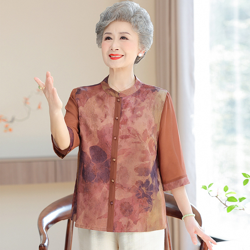 New Guofeng Middle-aged and Elderly Grandma's Seven-point Sleeve Shirt Cardigan Spring and Summer Mother's Women's Silk Shirt Loose Top New Guofeng Middle-aged and Elderly Grandma's Seven-point Sleeve Shirt Cardigan Spring and Summer Mother's Women's Silk Shirt Loose Top