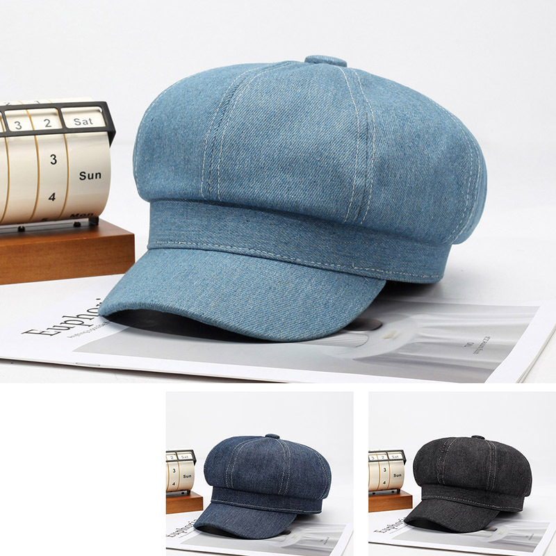 新款牛仔八角帽女春秋港风文艺贝雷帽复古鸭舌帽时尚画家帽报童帽