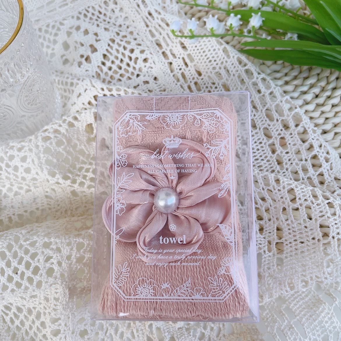 핑크색 수건 + 핑크색 헤어 액세서리 [단독 포장 상자를 보내려면 접어야 함]