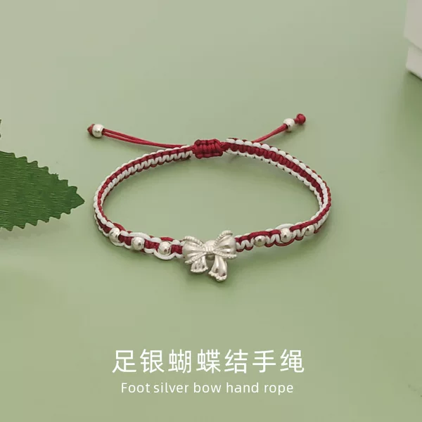 Pure Silver 999 Bowknot Bracelet S999 Pure Silver Red Rope Braided Bracelet, Simple Ins-Style Hand Rope Wholesale and Dropshipping.