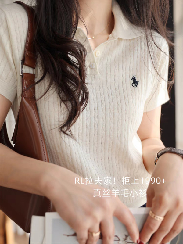 シルクウールPOLO襟半袖ニットtシャツ女性馬標2025年夏の新型痩せ刺繍上着|undefined