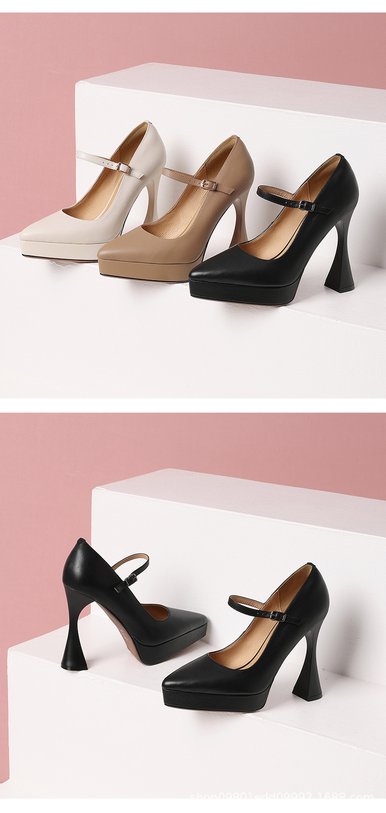 Giày sandal cao gót nữ mũi nhọn da thật, gót siêu cao 12 cm, quai một dây, đế platform, phong cách dạ tiệc — đen chi tiết 8