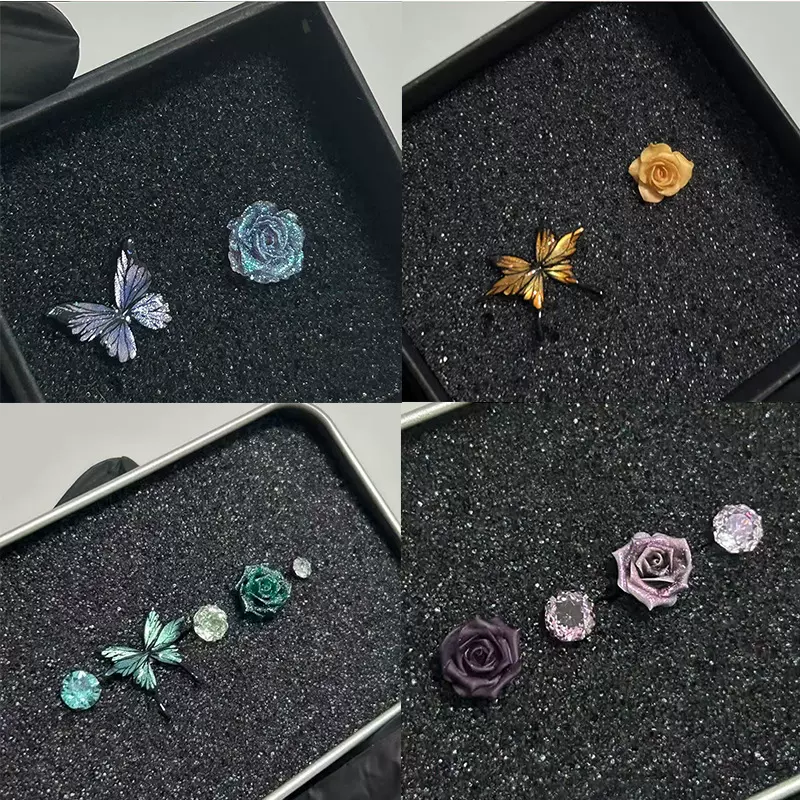 超仙薄荷蝴蝶玫瑰耳钉暗夜紫色花朵闪钻耳骨钉套装女时尚百搭耳饰