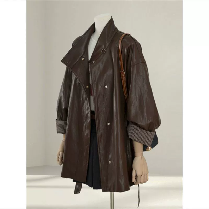 Coffee autumn polyurethane jacket, high-quality style, oversize, loose fit