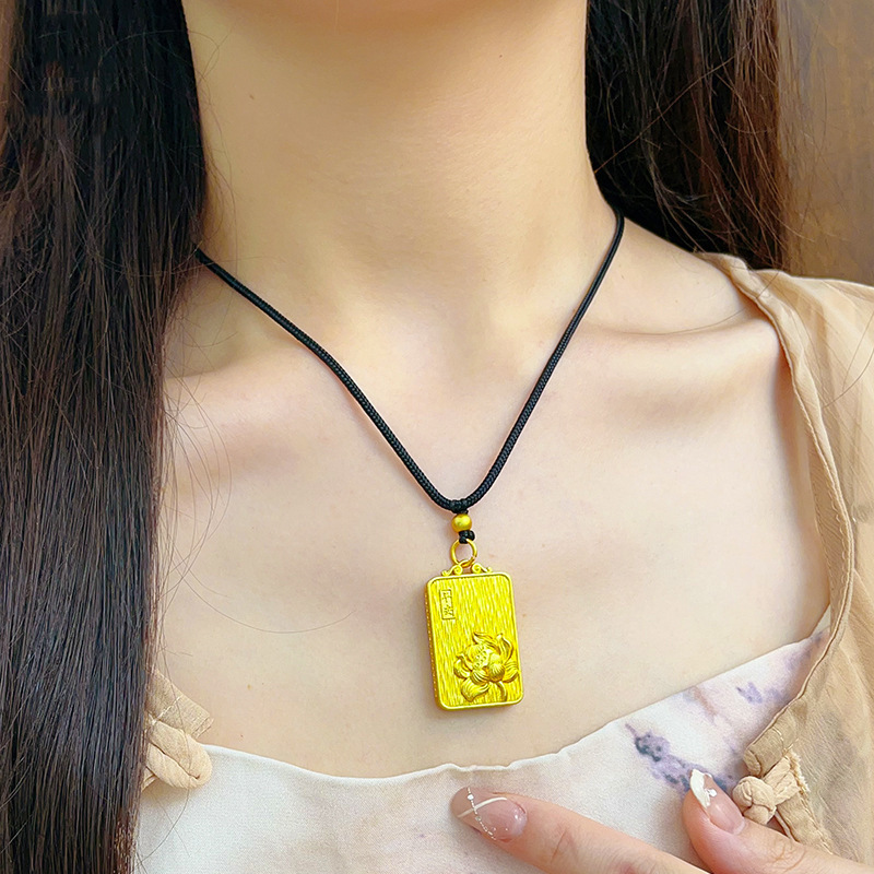 Ancient sand gold hollow silk Ping An lotus brushed tag pendant new Chinese high color necklace live wholesale