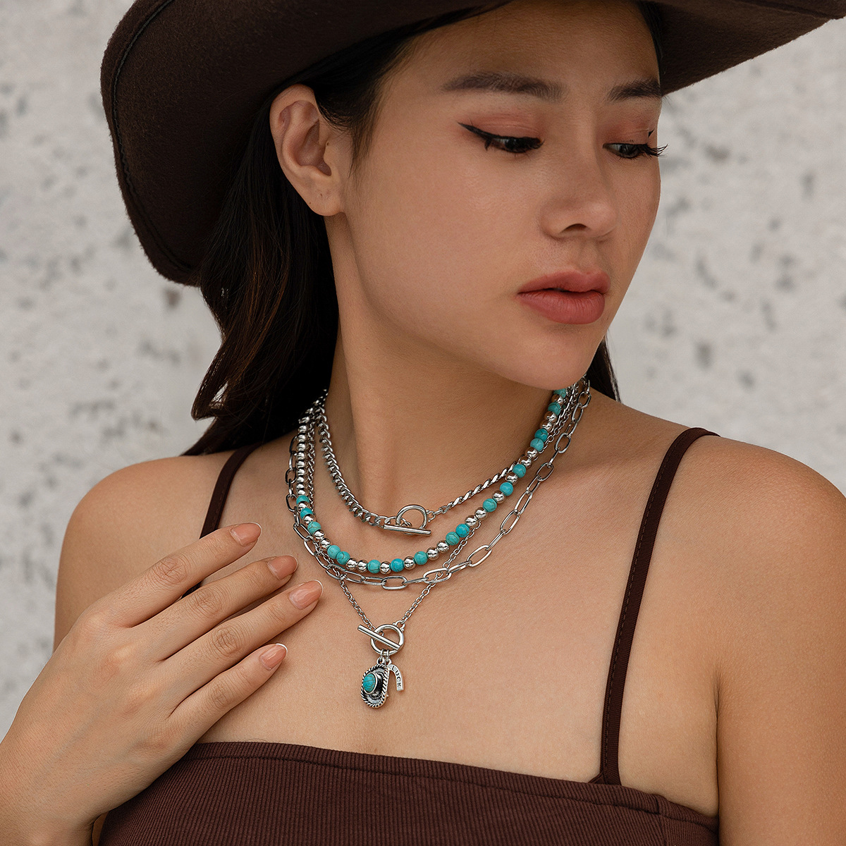Fahion Multi-layer Artificial Turquoie Necklace Et With Hexagonal Tar Alloy Geometric Collarbone Chain _voghion.com