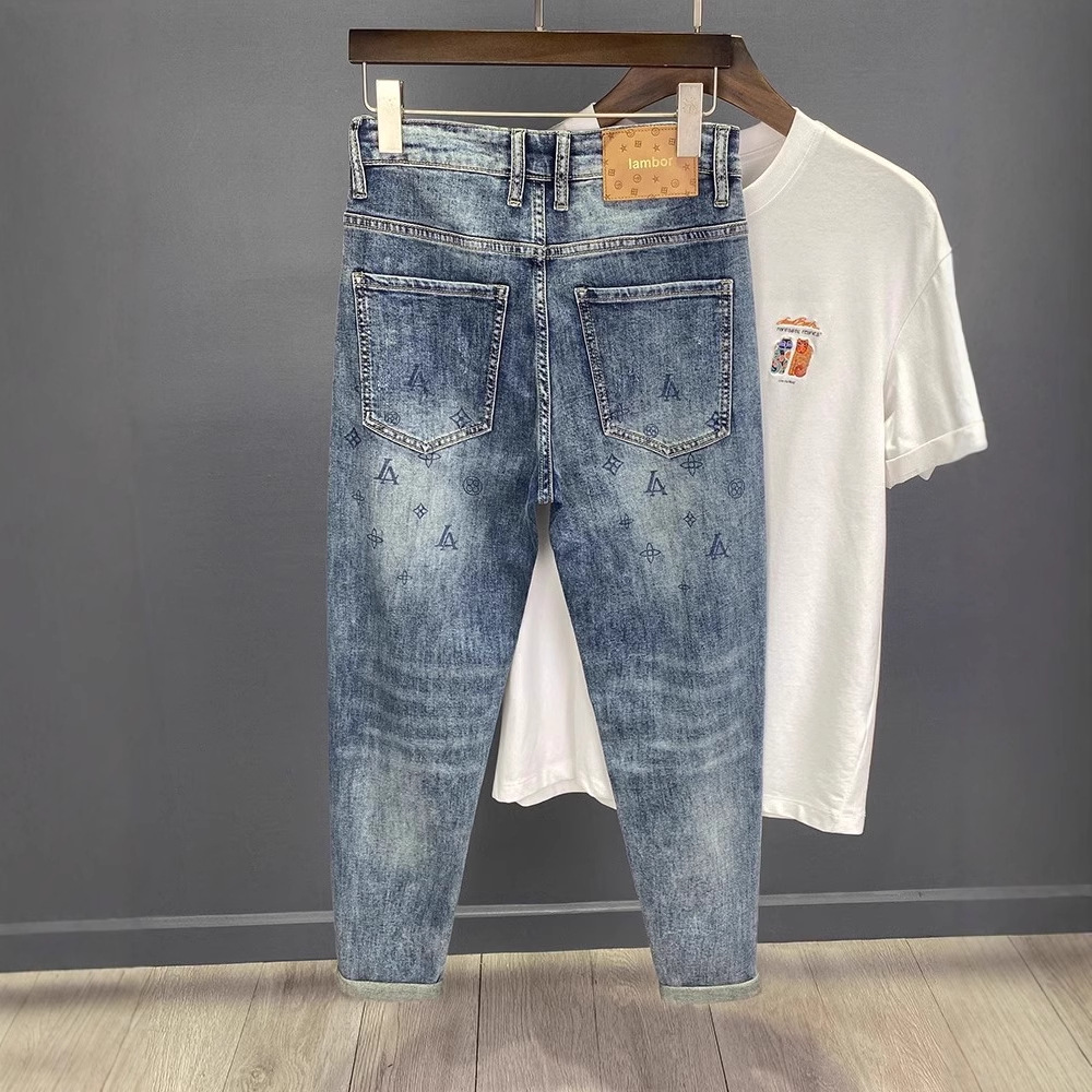 Slim Fit Printed Cropped Jeans For Men Distressed Patched High End Design Blue Low Waist With Slight Stretch From European Brand_voghion.com