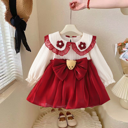 Lolita Princess Dress Autumn Outfit Children Long Sleeve Bear Cartoon Dress Girl Baby Pom Pom Formal Gown Dress