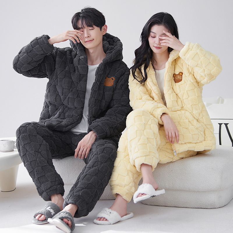 Nueva pareja de algodón acolchado pijamas hombres y mujeres de tres capas engrosadas de algodón acolchado cremallera collar soporte cremallera cálido hogar desgaste
