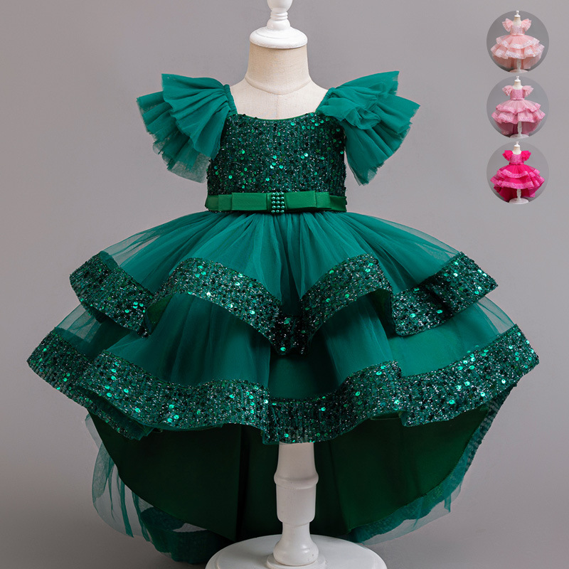 Children's Prom Dress Sequined Wedding Dress with Train Puffy Princess Dress Summer Dress Girl Party Performance Dress