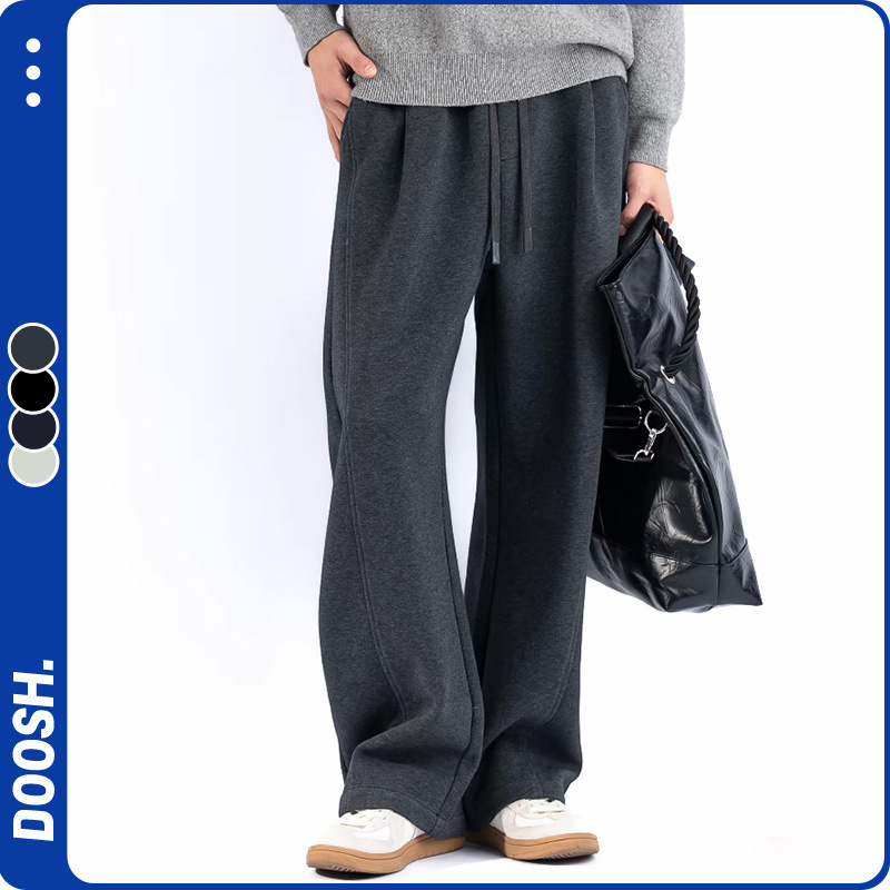 Winter Thickened Fleece Wide-Leg Men's Casual Pants with Drawstring, Fashionable Versatile Solid Color Loose Long Pants