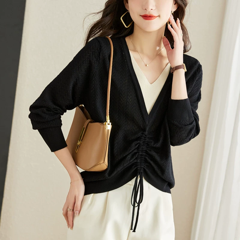 Shaping autumn knitted set, 2022, V-neckline