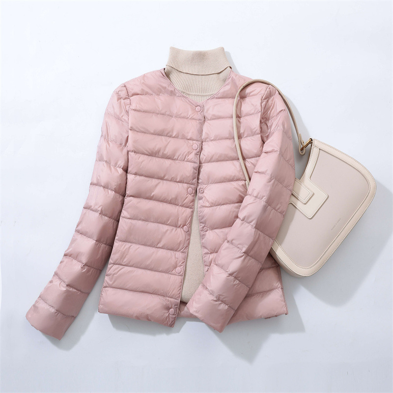 Cross-border New Autumn and Winter Lightweight Down Jacket Women's Round Neck Short Dual-use Collar V-neck Slim-fit Large Size Light Jacket