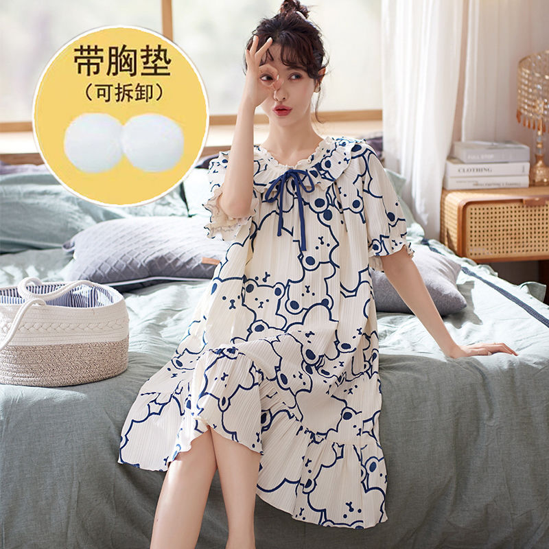 독립형 가슴 패드 나이트 드레스 여성 여름 코튼 반팔 파자마 학생 한국어 버전 귀여운 대형 사이즈 브래지어 프리 드레스