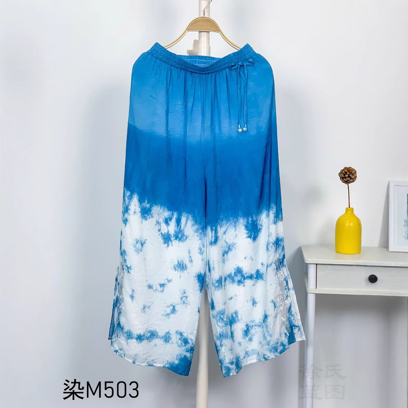 Dali Handmade Tie-Dye Summer Ethnic Style Women's Casual Pants Travel Vacation Beach Pants Blue Dyed Loose Cropped Pants