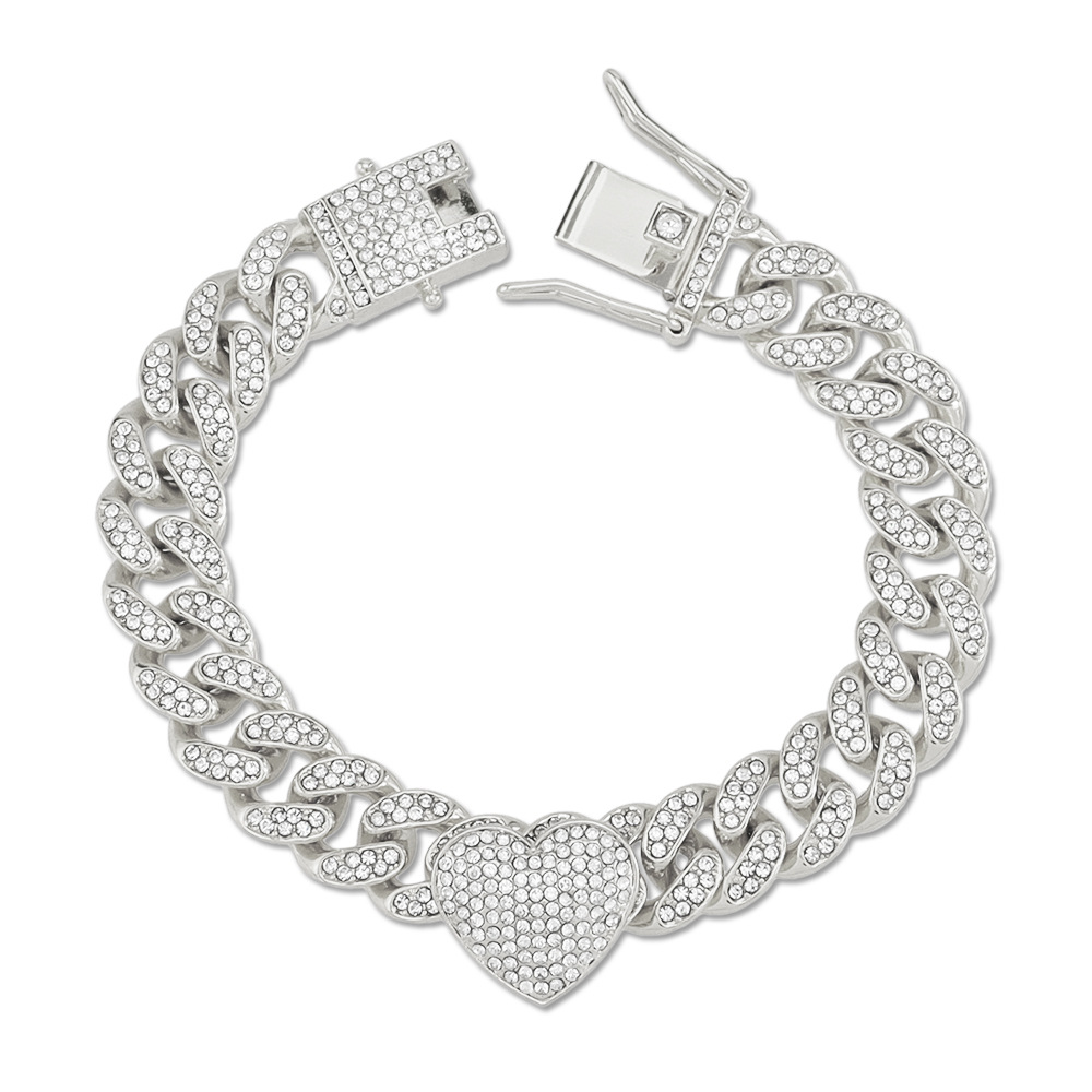 Alloy Chain Material Cool Three-Dimensional Fully Jeweled Loving Heart Heart-Shaped Creative Cuban Link Chain Bracelet Hip Hop Style Couple Bracelet Bracelet