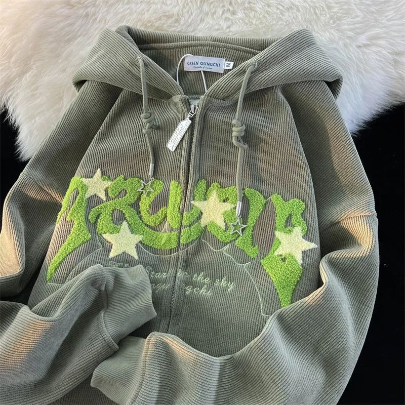 アメリカンレトロ刺繍コーデュロイジャケット女性の春と秋の薄いカレッジスタイルルーズスウェットシャツカーディガンジャケット|undefined