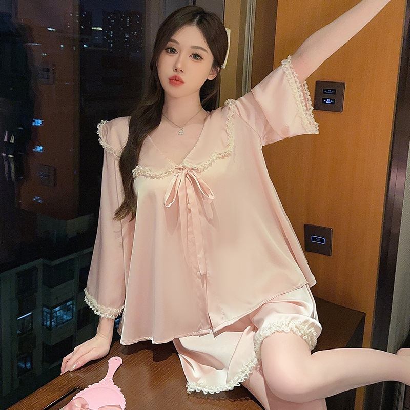 Sweet Ice Silk Pajamas Women's Summer Ice Silk Cute Navy Collar Cardigan Seven-Sleeve Shorts Silk Imitation Home Clothes Set