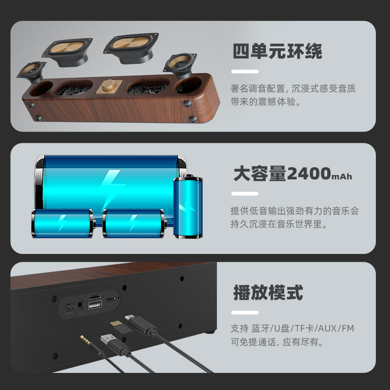 复古无线蓝牙音箱大喇叭重音低木质长条插卡桌面音响收音机E3404|undefined