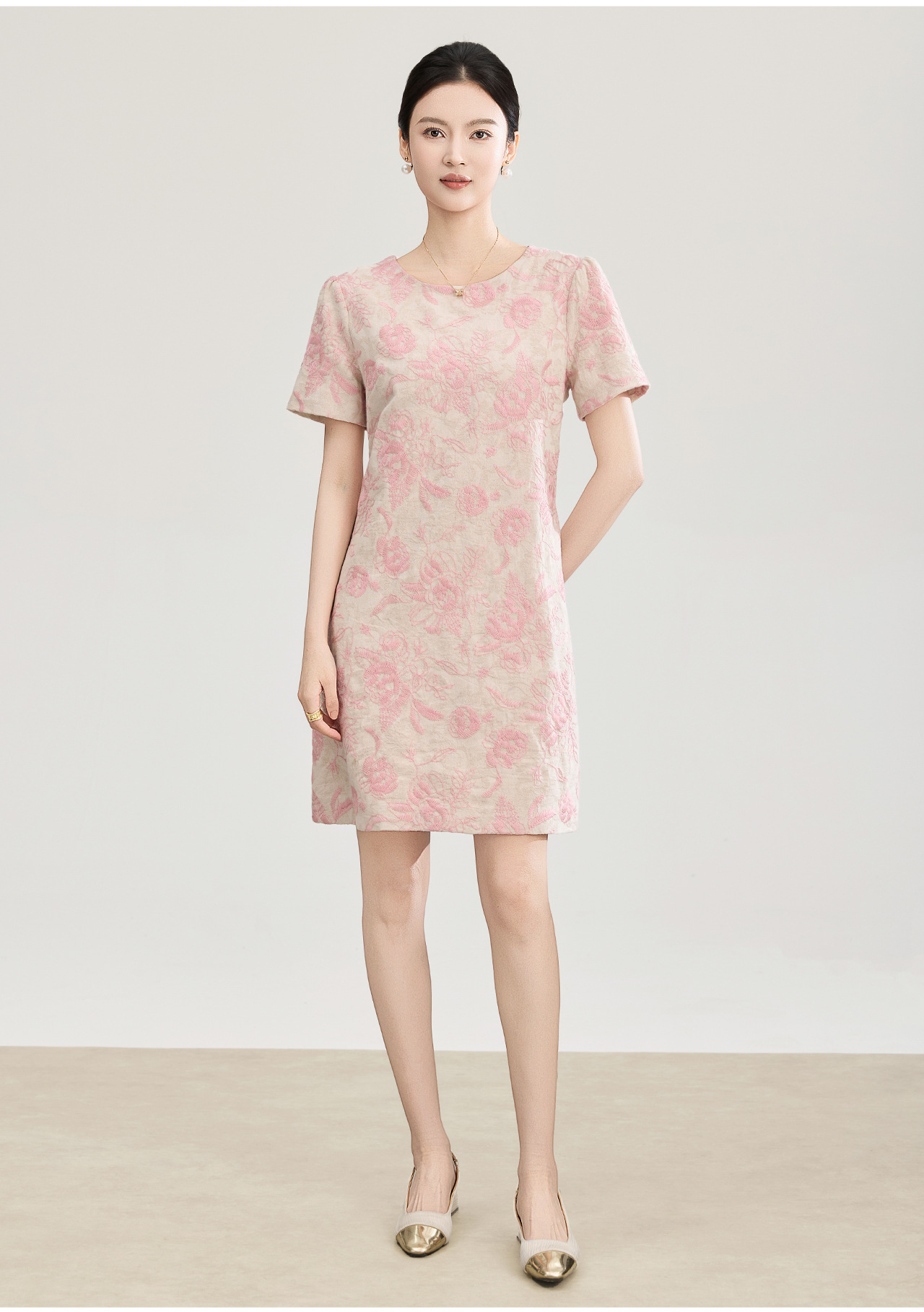 Đầm chữ A thêu jacquard tay ngắn mùa xuân hè — xanh lam chi tiết 4