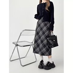 灰色格子半身裙女春秋2025新款高腰a字包臀裙小个子复古毛呢长裙