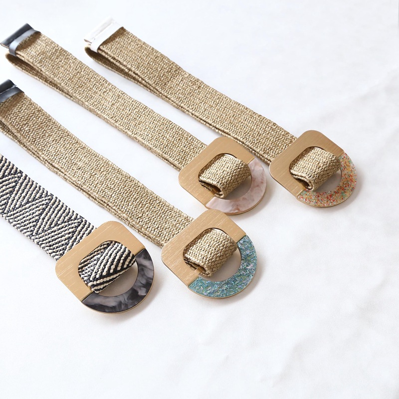 Waistband Women's Decorative Aluminum Alloy + Resin Belt Buckle Fashionable Versatile Dress Pp Straw Woven Elastic Belt