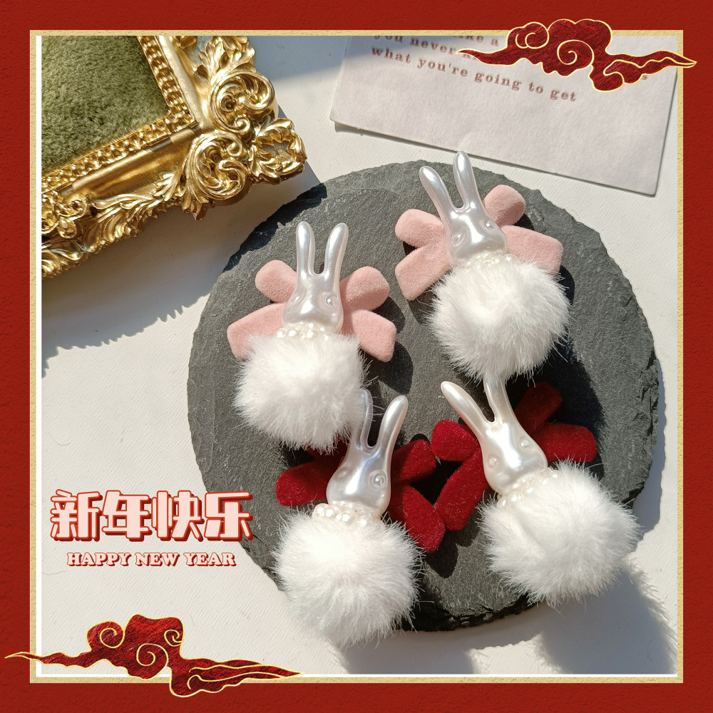 新年红色兔子珍珠耳饰品植绒蝴蝶结毛绒甜美耳环耳钉耳夹女