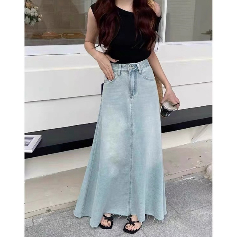 2508 Spring and Autumn New Style Neutral Fashionable Half-length Denim Dress Women's High Waist Dummy Slimming Denim Dress