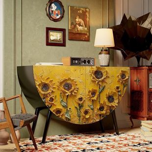 French Retro Entrance Painted Sunflower Art Creative Semi-Circular Cabinet Solid Wood Living Room Storage Decorative Sideboard