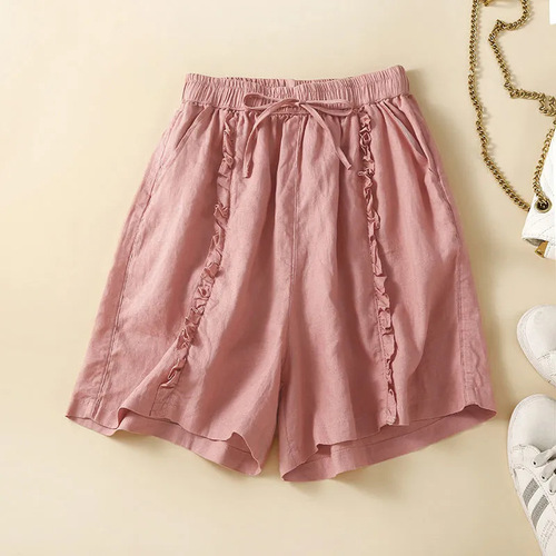 Cotton Linen Wood Ear Edge Design Wide Leg Shorts for Women 2025 Summer Literary Retro Loose Casual Five-Finger Mid-Calf Pants