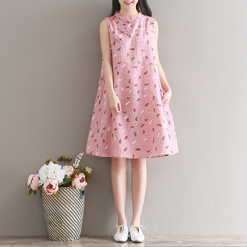 Real Shot of Ready-Made Artistic and Fresh Printed Double-Layer Cotton and Linen Sleeveless Improved Cheongsam Women's Summer Vest Dress