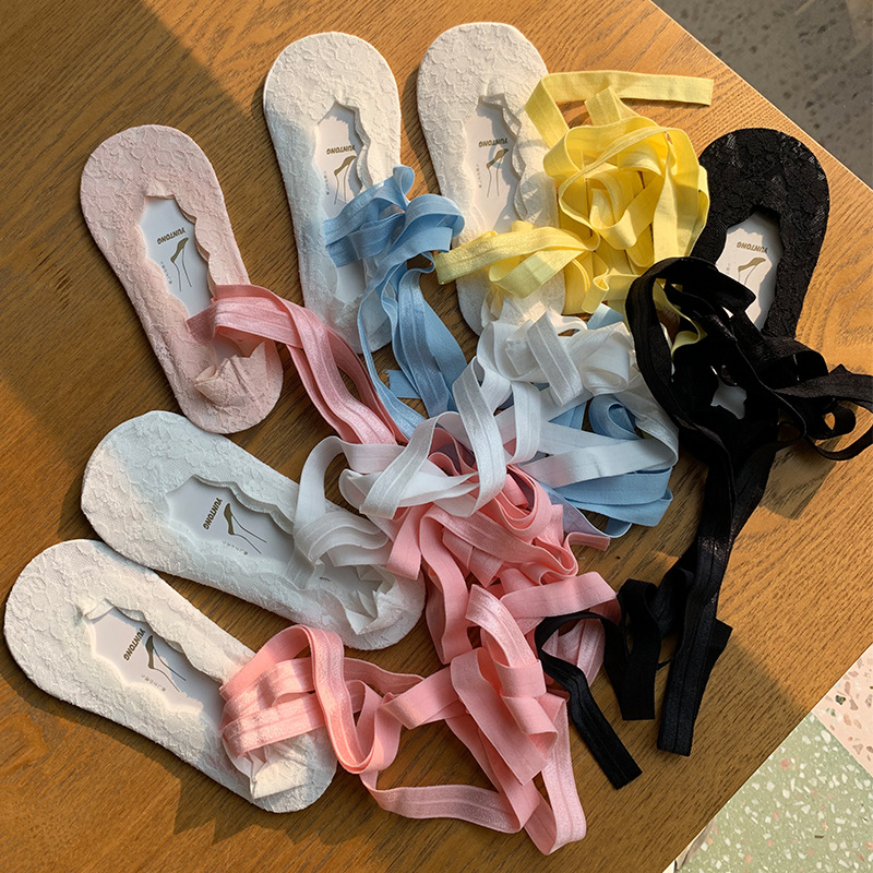 Ballet Style Invisible Lace Boat Socks Cross Strap Japanese Style Girl Macaron Elastic Strap Anti-slip Boat Socks Summer Thin