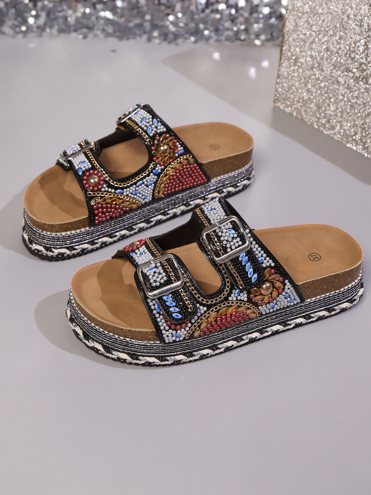 Sandale platformă damă cu strass și catarame pentru plajă_voghion.com