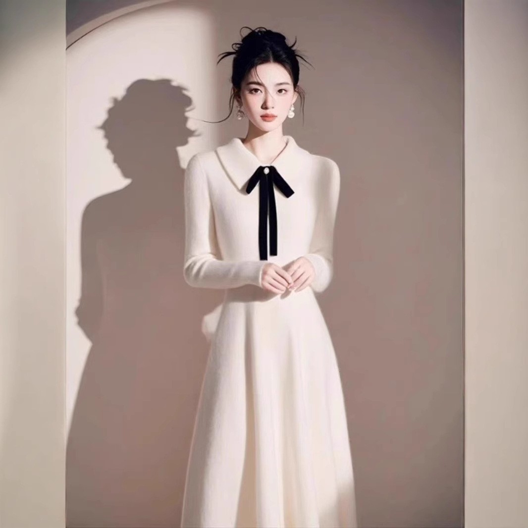 작은 흰색 두꺼운 스웨터 원피스 여자의 2024 겨울 코트 활 니트 긴 스커트