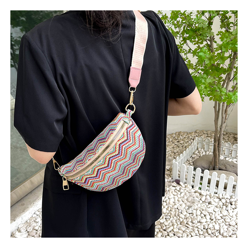 Zipper Closure Type Single Shoulder Strap Strap Type Women's Vintage Style Color Block Waves Braid Waist Bags