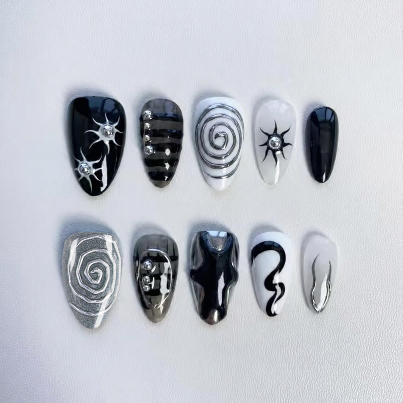 30 pieces of almond-shaped, Type A, wearable nail art with embossed swirl and sunburst patterns, ready-made nail tips for cross-border sales in Europe and the US 30 pieces of almond-shaped, Type A, wearable nail art with embossed swirl and sunburst patterns, ready-made nail tips for cross-border sales in Europe and the US